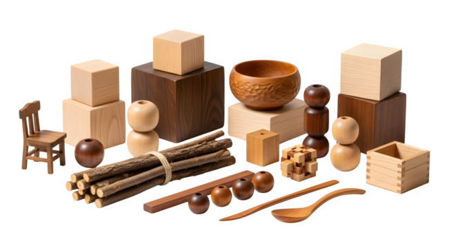 Collection of wooden toys and objects isolated on transparent background