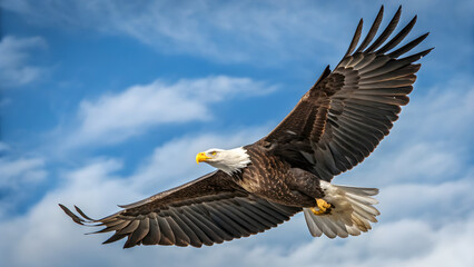 Obraz premium Majestic bald eagle soaring through clouds