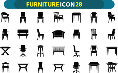 Collection of diverse furniture silhouettes including chairs tables and stools for interior design and decoration