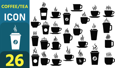 Collection of black and white coffee and tea icons with steaming cups and mugs on white background
