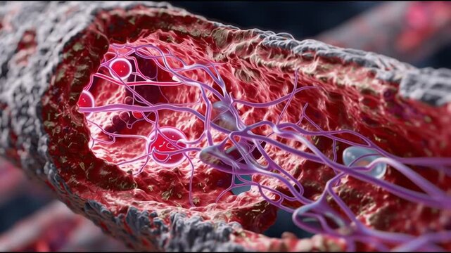 Vascular damage artery medicine. Inflammation disease. Cholesterol. Plaque medicine. Ischemia. Close-up view of an artery showing inflammation and plaque buildup.