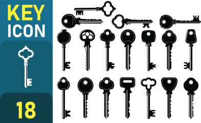 Collection of vintage and modern key icons representing security access and unlocking secrets