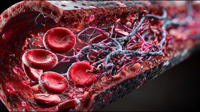 Vascular damage artery medicine. Inflammation disease. Cholesterol. Plaque medicine. Ischemia. Detailed view of a blood vessel showcasing red blood cells and structures.