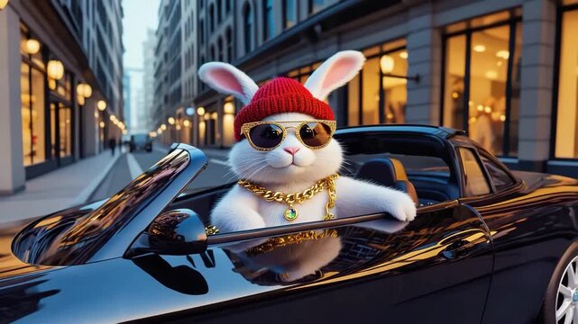 Humanized funny cool rabbit in knitted hat and sunglasses sits behind  wheel of convertible car. Cool hip-hop rapper driving on city street.
