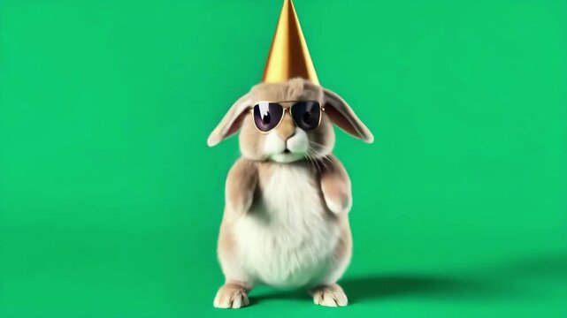 Cartoon plush bunny or rabbit in hat is dancing on green screen, chroma key. Festive birthday or easter greeting card.