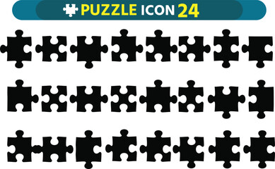 Collection of black puzzle pieces in various shapes and arrangements for design and concept illustration