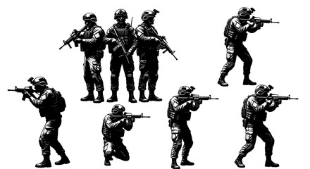 Fototapeta premium Military Soldier Silhouettes: Tactical Gear & Weapon Collection