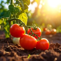 Ripe Tomatoes on the Vine in a Sunny Garden.