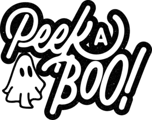 Playful retro-style typography illustration featuring the phrase “Peek-A-Boo!” with a cute ghost character. The hand-lettered design has a distressed texture for a vintage look, perfect for Halloween 