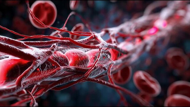Vascular damage artery medicine. Inflammation disease. Cholesterol. Plaque medicine. Ischemia. Detailed view of a human artery with blood cells in a dynamic setting.