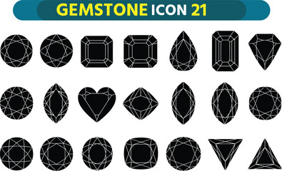 Collection of black gemstone icons featuring various cuts and shapes for jewelry design and graphics
