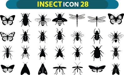 Collection of silhouetted insects including butterflies bees dragonflies and beetles on white background