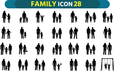 Collection of diverse family silhouettes depicting parents and children in various poses and activities