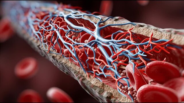 Vascular damage artery medicine. Inflammation disease. Cholesterol. Plaque medicine. Ischemia. Detailed view of a blood vessel with red blood cells and arterial structure.