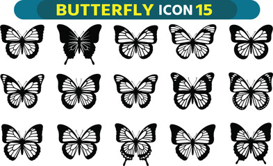 Collection of diverse black and white butterfly icons in a grid layout for graphic design