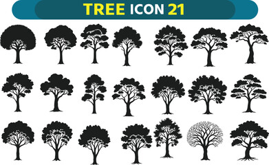 Collection of diverse tree silhouettes isolated on white background for design and illustration