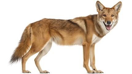 Fototapeta premium Ethiopian wolf, Canis simensis smiling and standing alertly, isolated on white background, realistic wildlife photo