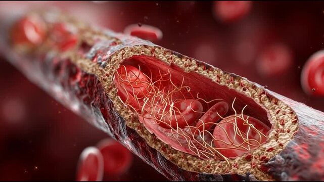 Vascular damage artery medicine. Inflammation disease. Cholesterol. Plaque medicine. Ischemia. Detailed illustration of a blood vessel with plaque buildup.