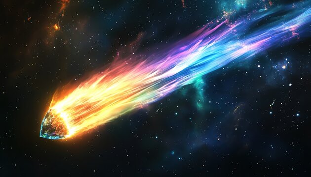 A glowing gem comet sparkling in rainbow hues, spinning through dark void, photorealistic clarity