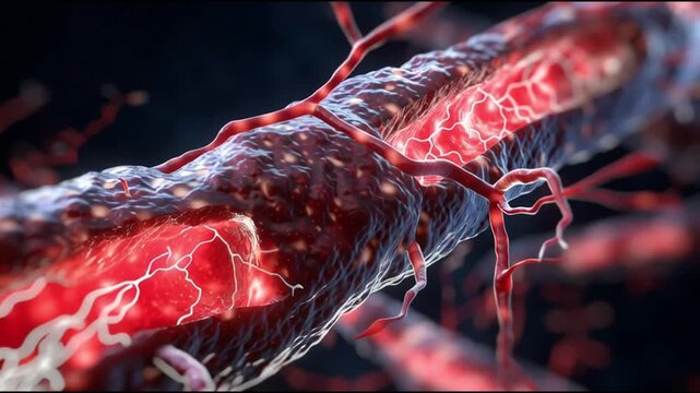 Vascular damage artery medicine. Inflammation disease. Cholesterol. Plaque medicine. Ischemia. Close-up of a blood vessel showing inflammation and plaque buildup.