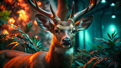 Majestic red deer stag with antlers in glowing enchanted forest at twilight