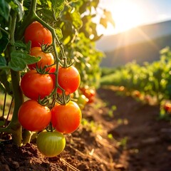 Ripe Tomatoes on the Vine in a Sunny Garden.