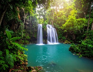 Lush tropical waterfall cascading into a turquoise pool, sunlight streaming