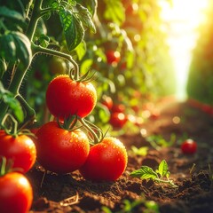 Ripe Tomatoes on the Vine in a Sunny Garden.