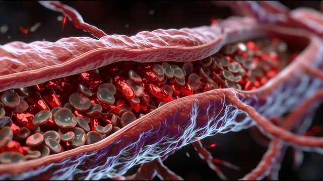 Vascular damage artery medicine. Inflammation disease. Cholesterol. Plaque medicine. Ischemia. Detailed view of a damaged artery with blood cells and inflammation.