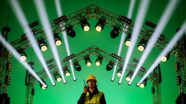 Female stage worker using walkie talkie with stage lighting background