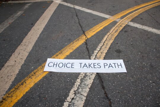 A sign saying Choice Takes Path on cracked asphalt with diverging lines