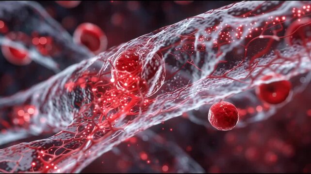 Vascular damage artery medicine. Inflammation disease. Cholesterol. Plaque medicine. Ischemia. Close-up of red blood cells in a vascular network.