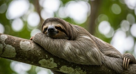 Fototapeta premium A sleepy three toed sloth rests comfortably on a tree branch in the jungle
