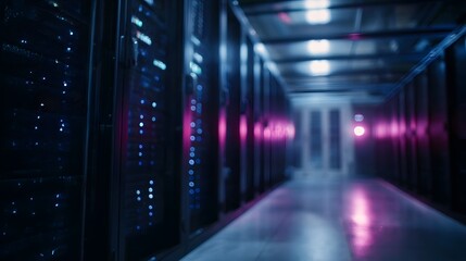 A modern data center hallway lined with illuminated server racks and ambient blue and pink light