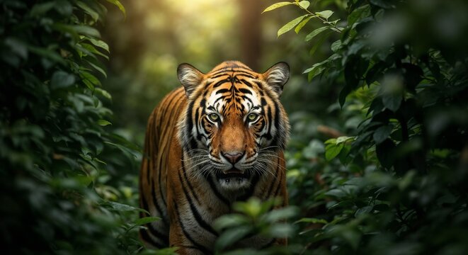 Majestic tiger emerges from lush green jungle foliage - Powered by Adobe