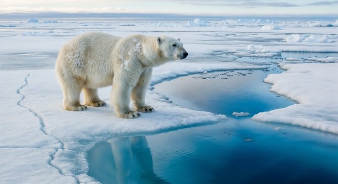 Majestic polar bear standing on melting arctic ice floes - Powered by Adobe
