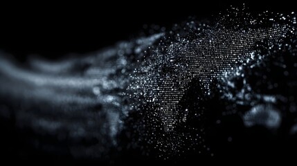Abstract visualization of global data flow with luminous particles forming a world map