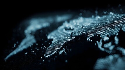 A digital abstract visualization of the world map composed of glowing data points and light