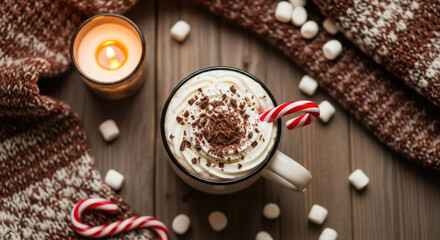Fototapeta premium Cozy Winter Drink With Marshmallows, Candle, And Blanket.