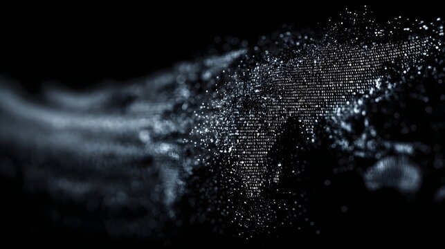 Abstract visualization of global data flow with luminous particles forming a world map
