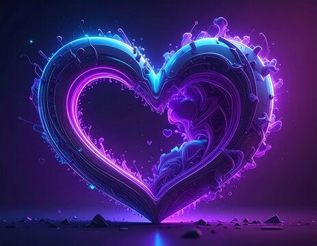 Glowing heart shape with neon blue and purple hues, abstract design