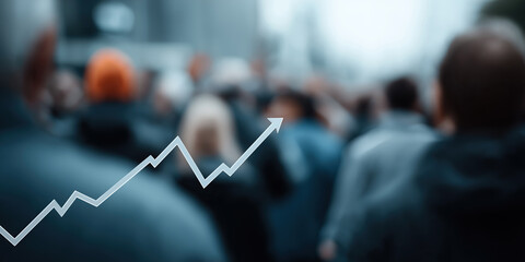 Upward trending graph overlays blurred crowd symbolizing business growth and success.