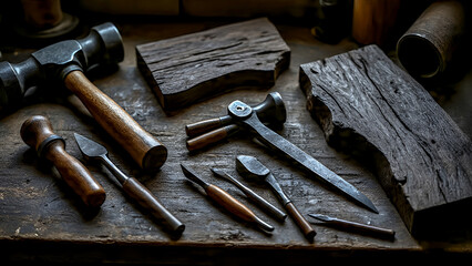 Wood carving tools, blacksmith"s hammer, and textured dark wood pieces, photographed in flat lay style. 