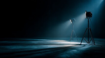 Illumination equipment casts dramatic light beams across a moody, dark  floor
