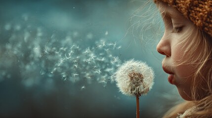 Young child blows seeds from a mature dandelion head into the air