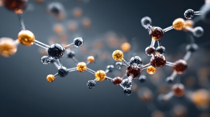 Close-up shows an atom model with gold, silver, and brown spheres. Ideal for scientific, medical, or technological content and presentations.