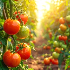 Ripe Tomatoes on the Vine in a Sunny Garden.