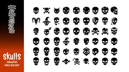 Flat vector icon sheet of spooky skull silhouettes in Halloween style. Includes creepy, witch, and pirate skulls. Perfect for Halloween designs and clipart. Isolated on white background.