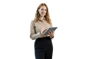 Young elegant business woman standing with digital tablet on a transparent background