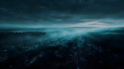 Fototapeta premium A futuristic digital landscape illuminated by glowing blue data streams and intricate circuit pathways under a misty sky